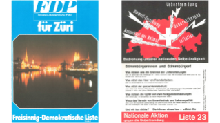 1978, Wahlaufrufe der Freisinnig-Demokratischen Partei (links) und der Nationalen Aktion gegen die Überfremdung (rechts).