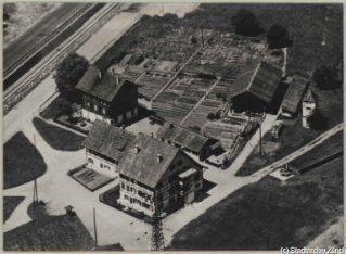 V.C.c.31.:2.10001. Häusergruppe in Sihlwald um 1930 (geschätzt). Häusergruppe Sihlwald mit Riegelhaus (Riegelfachwerk nicht echt), Nebengebäuden und Gärten. (Vgl. 10075). (1930)
