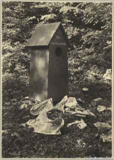 V.C.c.31.:2.10022. Abfallbehälter. Abfallkasten mit Abfällen um den Kasten herum verstreut beim Tanzplatz Sihlwald, 1934. (1934)