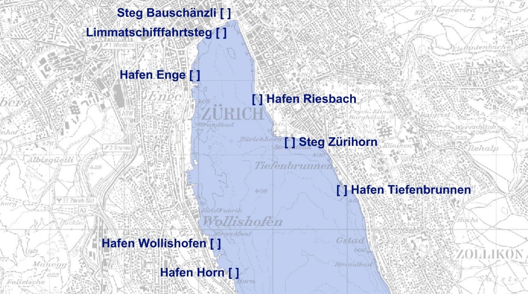 Skizze der Gästeplätze für Schiffe auf dem Gebiet der Stadt Zürich