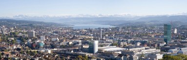 View from Waid over the city of Zurich, the lake and the Alpes