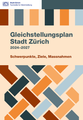 Titel Gleichstellungsplan «Schwerpunkte, Massnahmen und Ziele» über ineinander gewobenen Strang in Blau- und Orangetönen.