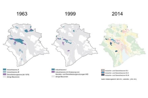 The figure shows the development of the industrial and commercial zones in the building and zoning regulations of the city of Zurich on the basis of three maps of the years 1963, 1999 and 2014.