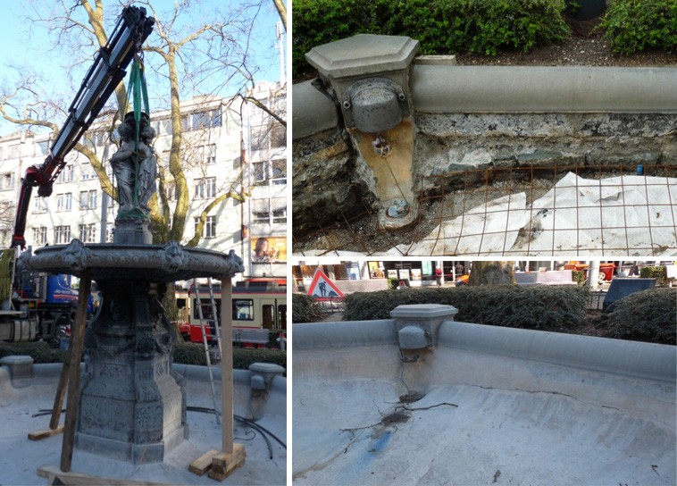 Restauration: Der Brunnen wurde am 8. April 2015 abtransportiert. Die Beckenkrone und die Sandsteinfundamente waren beschädigt, die Risse in der Betonschale ersichtlich. Die Steine wurden so weit wie möglich belassen, nur offensichtliche Fehlstellen wurden ergänzt.