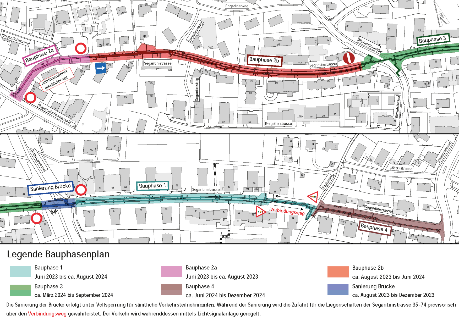 Plan der Segantinistrasse mit Bauphasen und Verkehrsführung