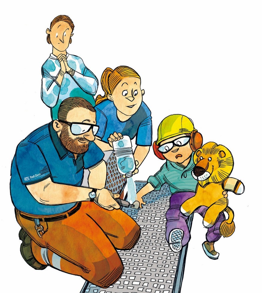 Illustration Bänkli Illustration: Ein Feuerwehrmann versucht den eingeklemmten Finger eines Kleinkindes aus einer Bank zu befreien.