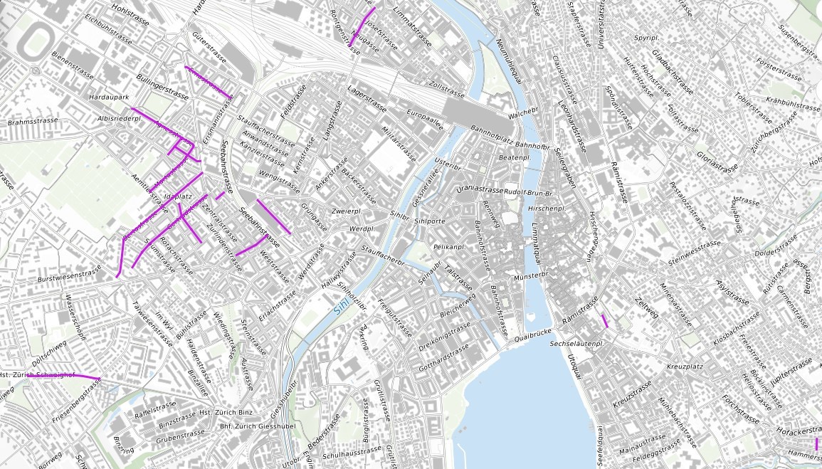 Stadtplan mit eingezeichneten 15 Frauenstrassen.