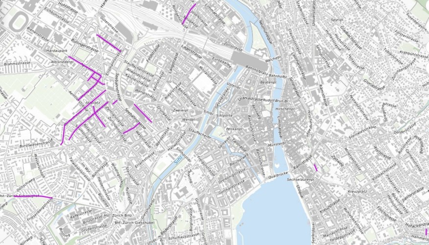 Stadtplan mit eingezeichneten 15 Frauenstrassen.