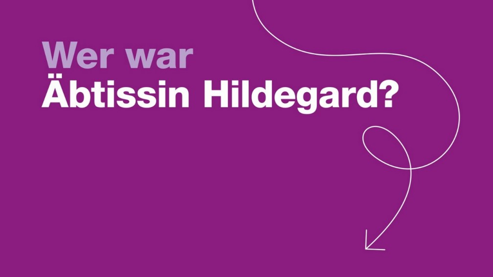 Vorschau des Videos über Äbtissin Hildegard: Text auf violettem Hintergrund.