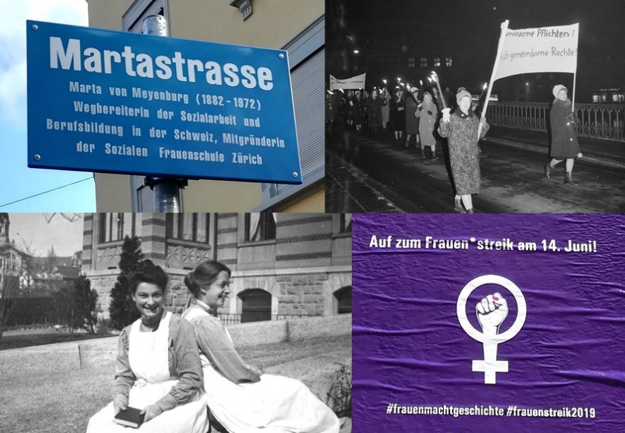 Vier Bilder zum Thema Frauen-Strassennamen: Strassenschild Martastrasse, Frauen beim Protestieren, zwei Frauen auf einer Bank sitzen, Plakat Frauenstreik