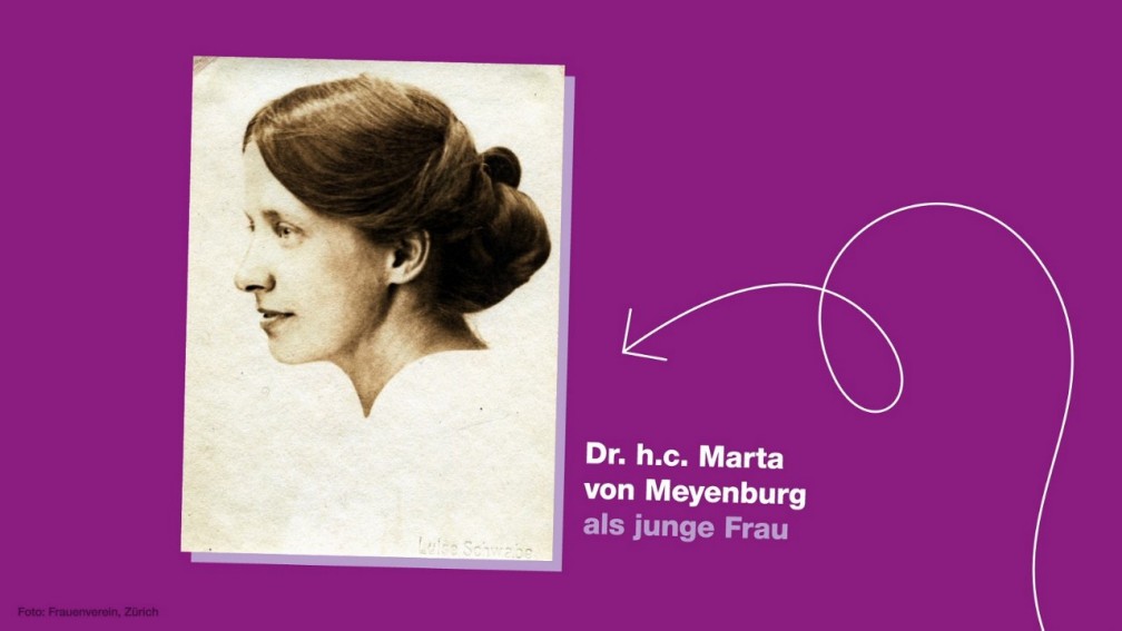 Vorschau des Videos über Marty von Meyenburg: Ein Seitenporträt einer jungen Marta mit Text auf violettem Hintergrund.