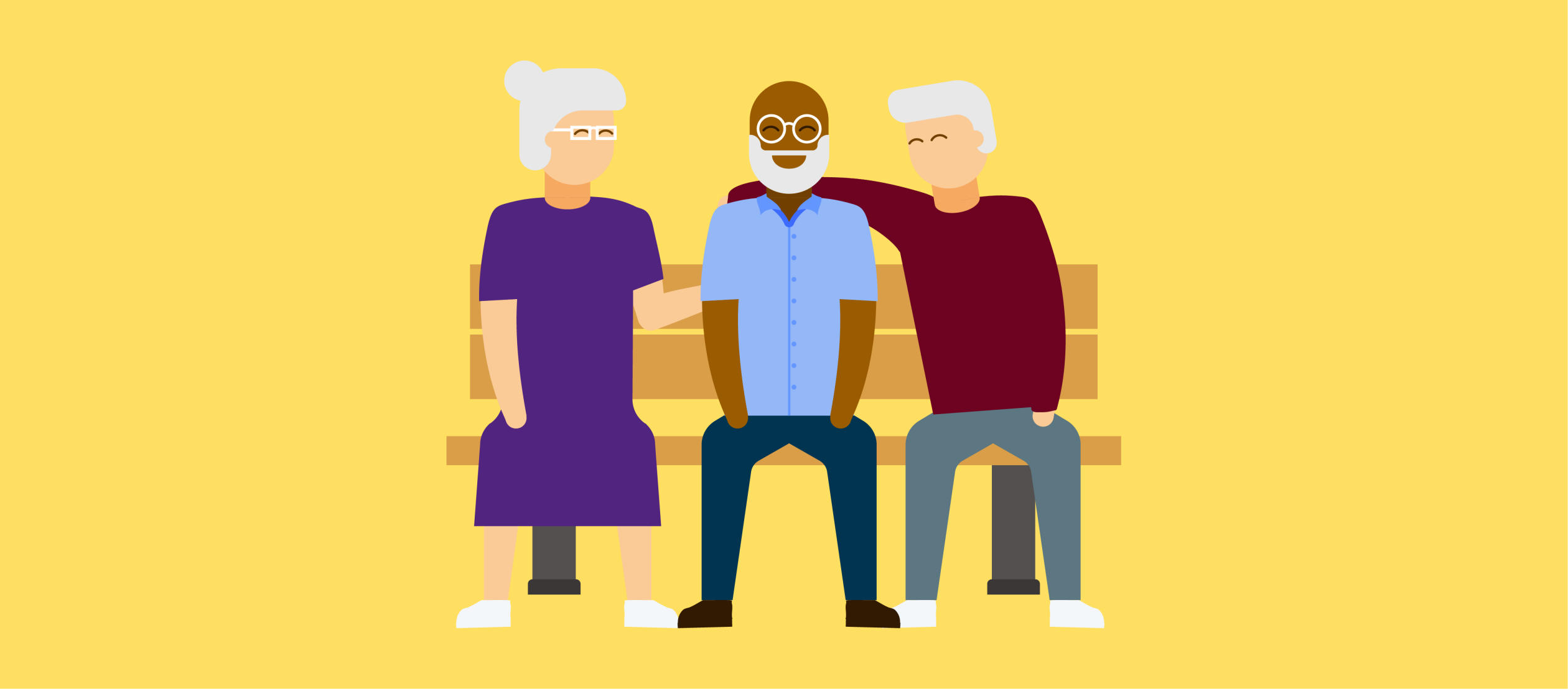 Illustration von einer älteren Frau, zwei älteren Männern sitzend auf einer Bank