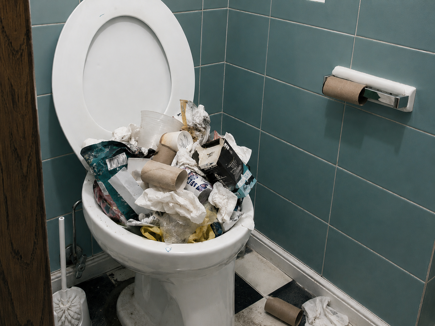 Das Bild zeigt eine Verbotstafel. Darauf ist ein WC ersichtlich. Zudem sind Alltagsgegenstände aufgeführt, die nicht im WC entsorgt werden dürfen.