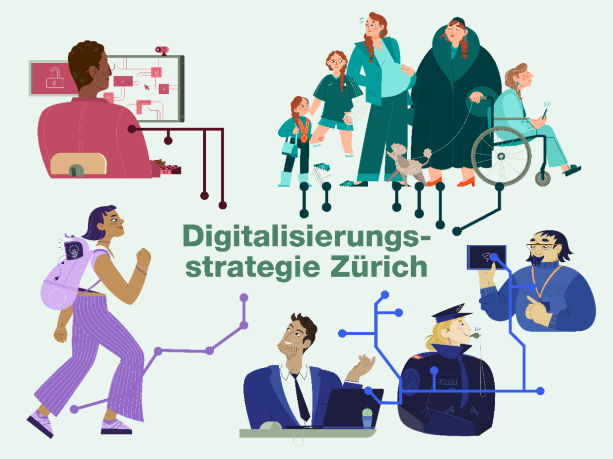 Illustration zur Digitalisierungsstrategie mit verschiedenen städtischen Mitarbeitenden