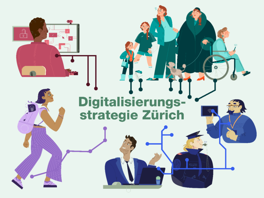 Digitalisierungsstrategie Zürich Illustration zur Digitalisierungsstrategie mit verschiedenen städtischen Mitarbeitenden