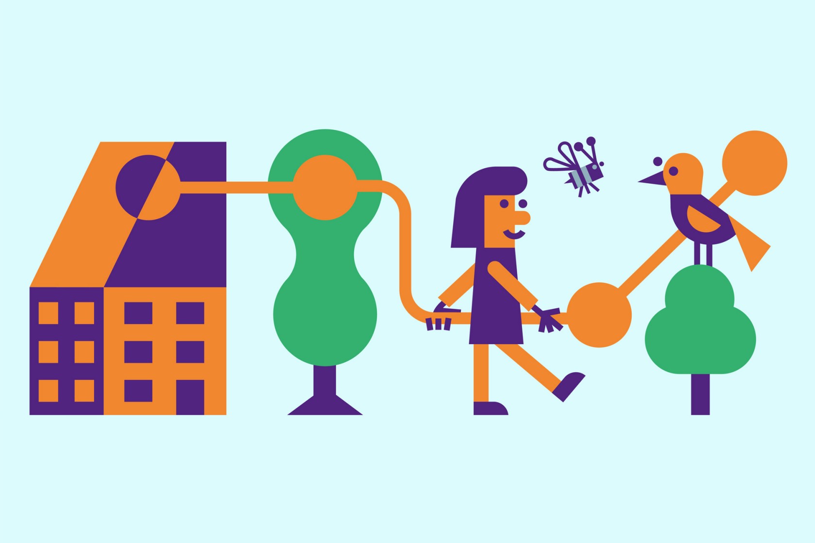 Illustration zur bildlichen Darstellung der Meilenschritte mit Mensch, Tier, Natur und Gebäude.