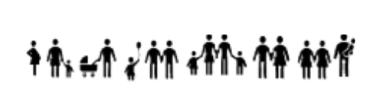Auf dem Bild stehen aufgereiht stilisierte Personen - Männer, Frauen, Personen, die auf den Rollstuhl angewiesen sind, Kinder, Babies, Kinderwagen