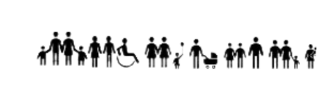 Auf dem Bild stehen aufgereiht stilisierte Personen - Männer, Frauen, Personen, die auf den Rollstuhl angewiesen sind, Kinder, Babies, Kinderwagen
