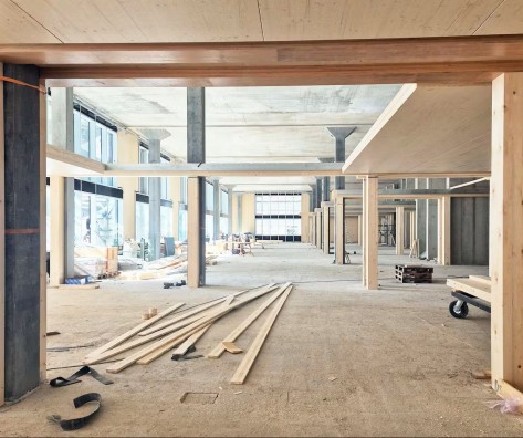 Blick in einen grossen, hellen Raum, der mit Holz ausgekleidet ist. Noch ist er nicht fertig, Bretter und Werkzeuge liegen am Boden. 