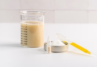 In einem Messglas sieht man eine milchige Flüssigkeit, daneben eine Pipette.