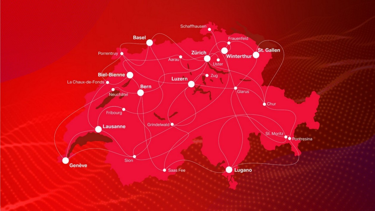 Eine Karte der Schweiz, rot eingefärbt. Darauf sind alle Städte aufgeführt, die sich am Projekt Nexpo beteiligen. 