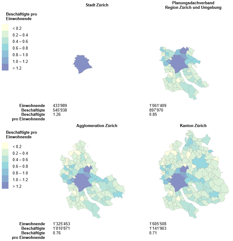 Die Abbildung zeigt die Beschäftigten und Einwohnende nach verschiedenen Perimetern im Jahr 2023.