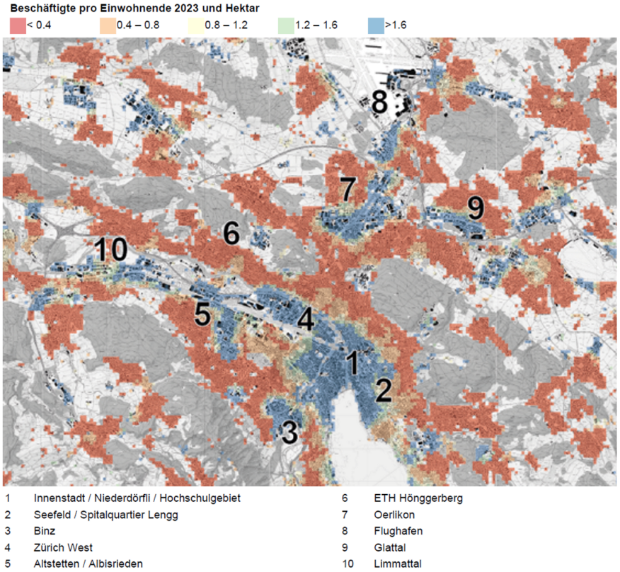 Die Abbildung zeigt die Beschäftigten pro Einwohnende in den Agglomerationen Zürich und Winterthur.