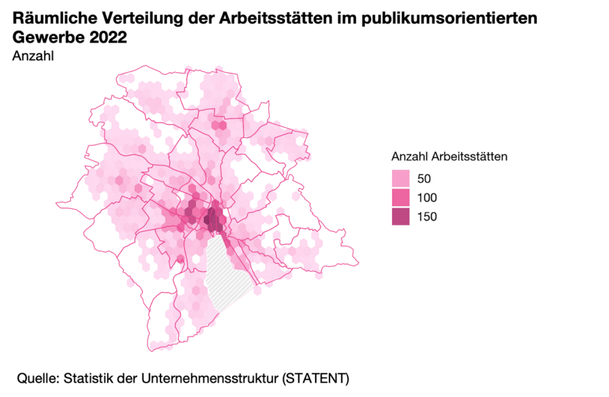 Verteilung der Arbeitsstätten des publikumsorientierten Gewerbes in der Stadt 2022