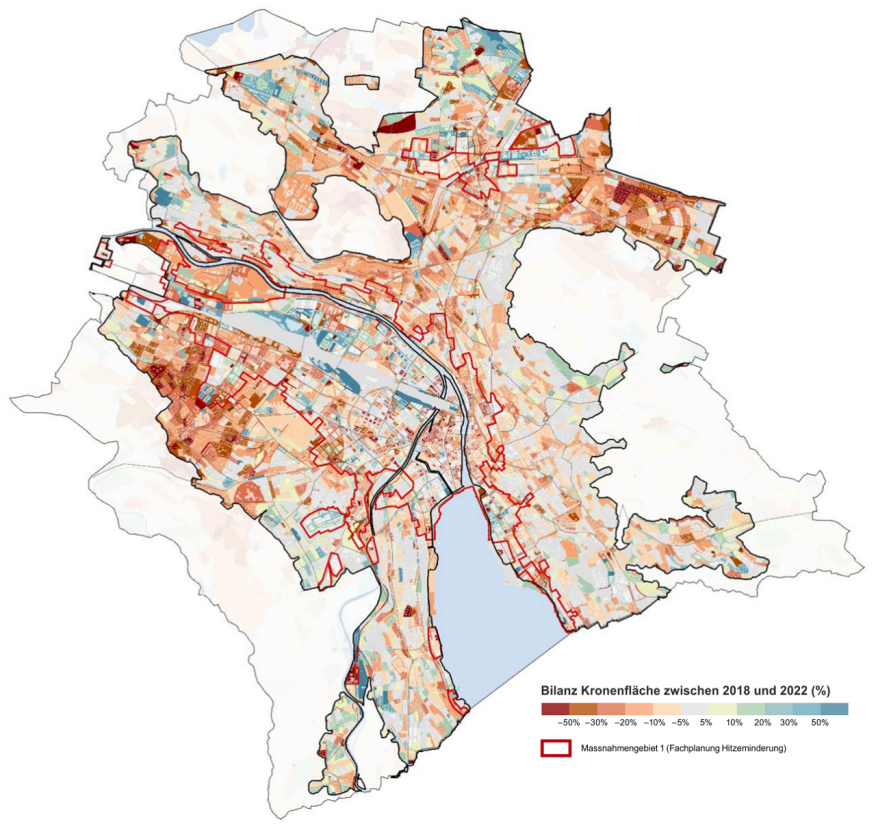 Relative Veränderungen der Baumkronenfläche zwischen 2018 und 2022.