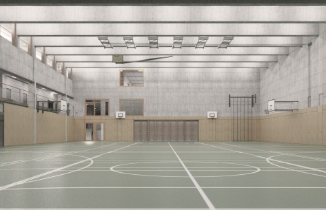 Doppelsporthalle Moderne Doppelsporthalle in hellen Farben, mit grünen Wänden und Betonflächen.
