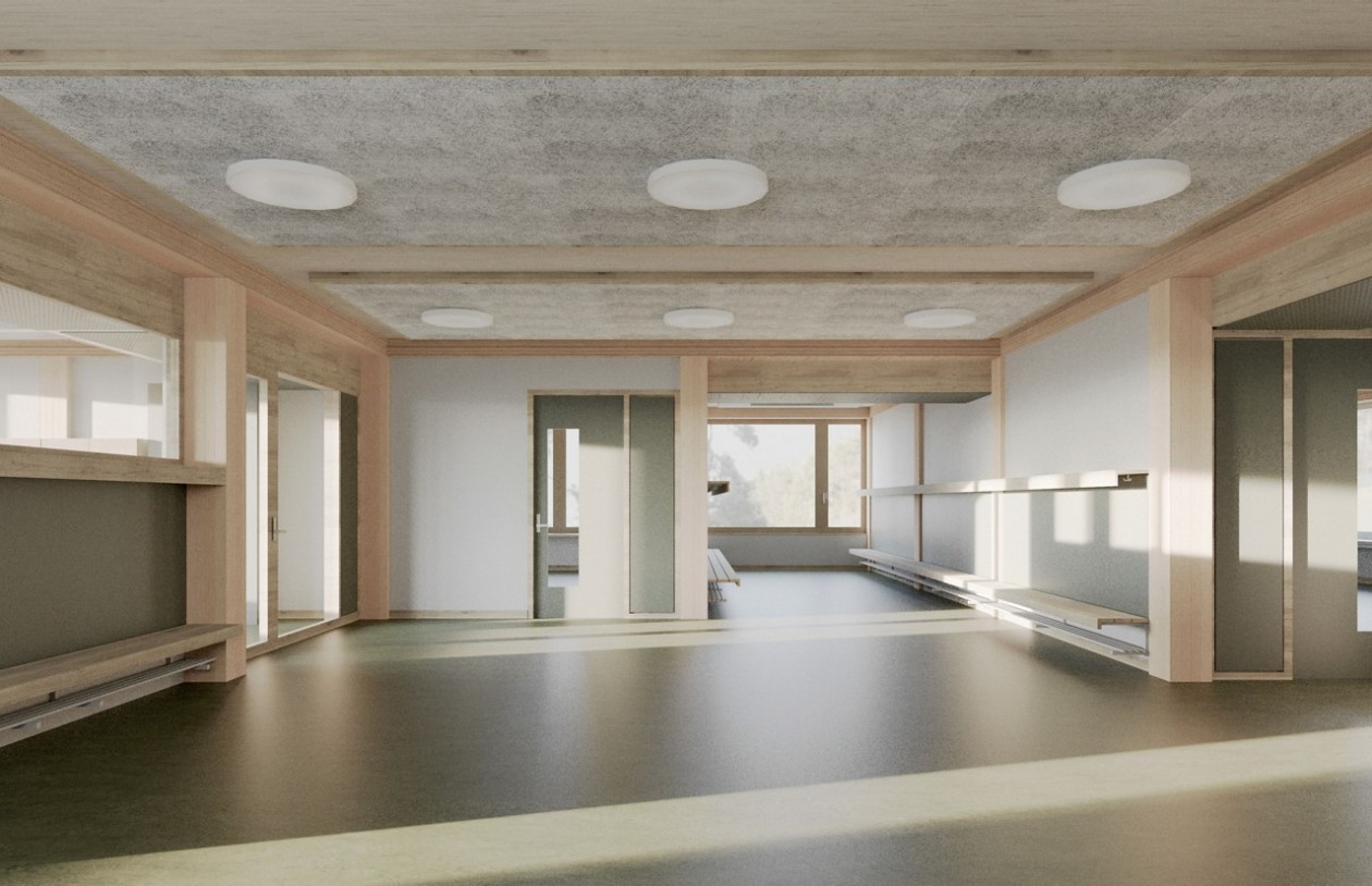Moderne Vorzone eines Schul-Clusters mit grünen Wänden, offenen Aufenthaltsbereichen und hellen Flächen.