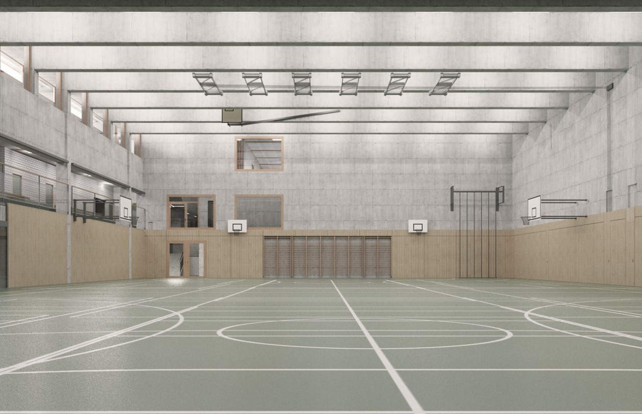 Moderne Doppelsporthalle in hellen Farben, mit grünen Wänden und Betonflächen.
