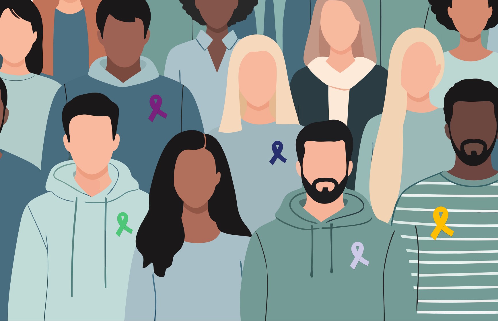 Gezeichnetes Bild mit verschienden Personen darauf und einen Awarness-Schleife