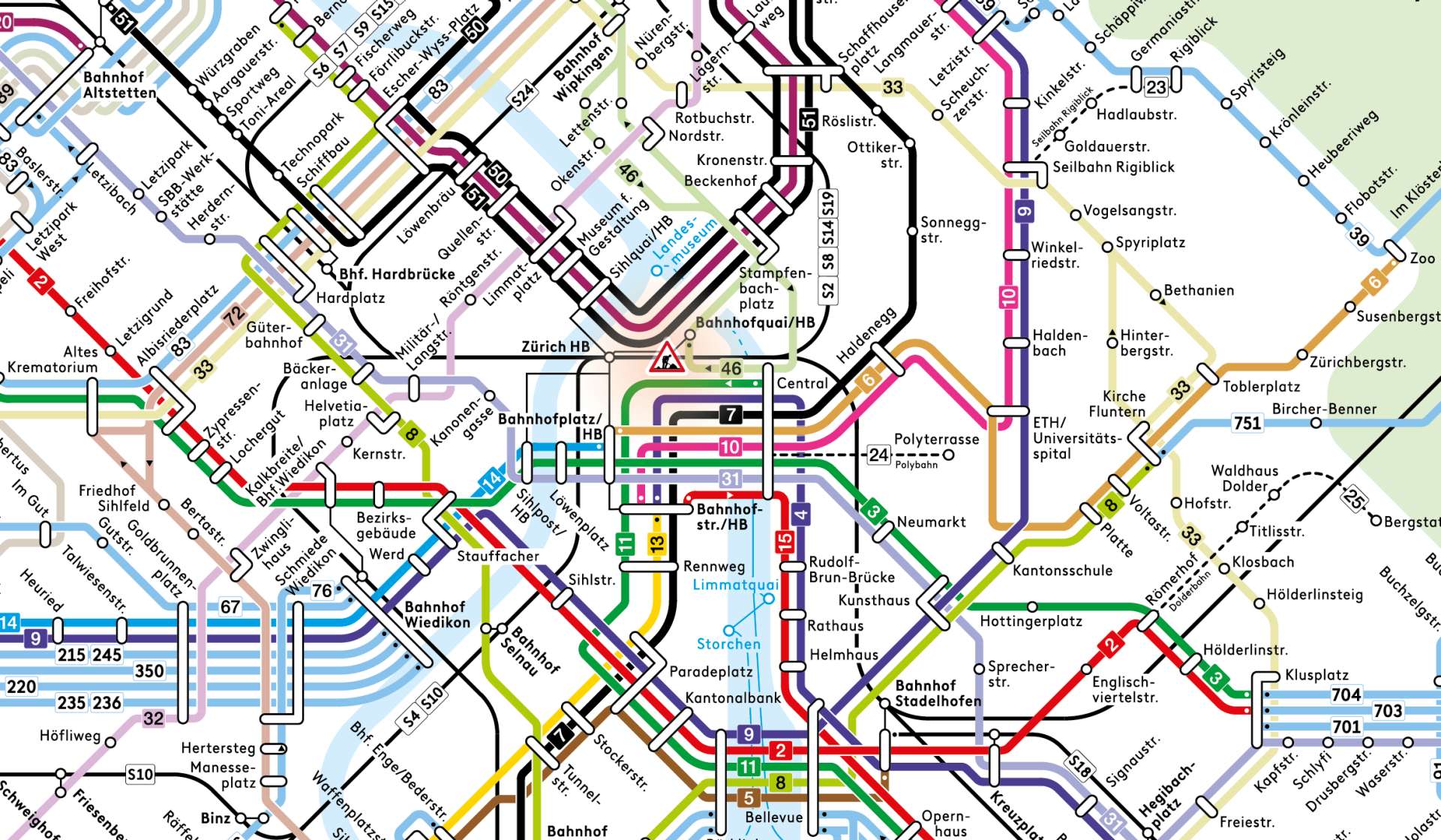 Ausschnitt aus dem Liniennetzplan der Stadt Zürich