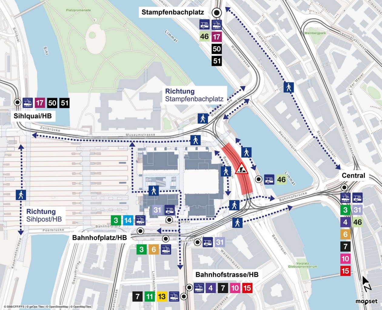 Fusswege rund um den Hauptbahnhof.