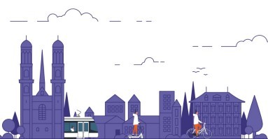 Illustration Zürich mit Tram, E-Roller und Mietfahrrad