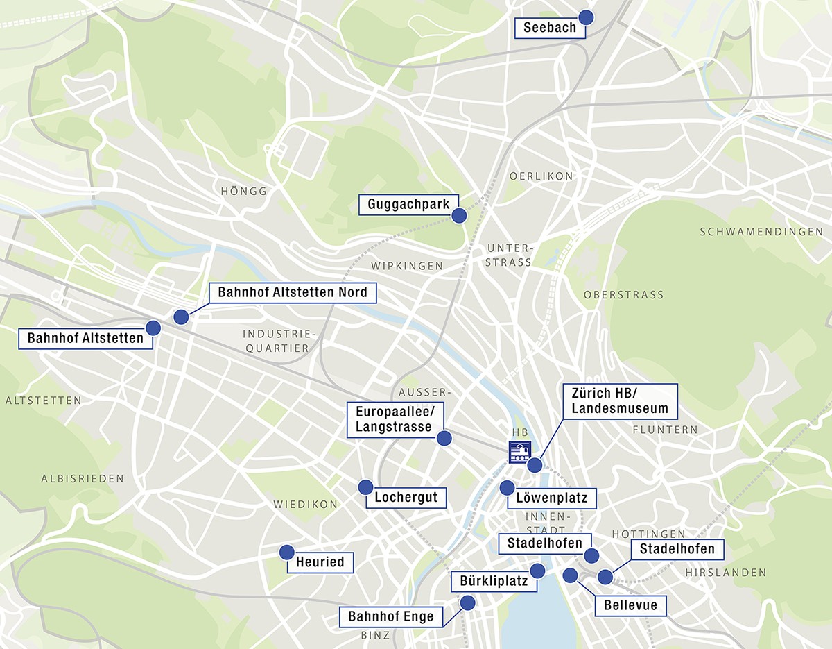 Karte mit Standorten der ZüriMobil Stationen