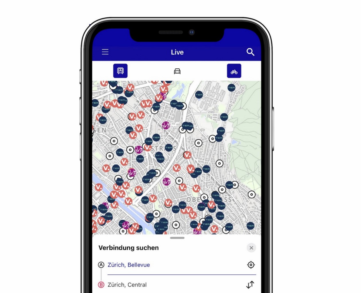 ZüriMobil App Ansicht – Karte mit den jeweiligen Standorten Bus, Tram, Fahrrad, E-Scooter