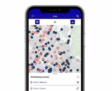 ZüriMobil App ZüriMobil App Ansicht – Karte mit den jeweiligen Standorten Bus, Tram, Fahrrad, E-Scooter