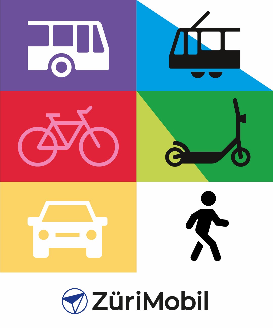 ZüriMobil Pictogramme von Bus, Tram, Fahrrad, E-Scooter, Auto, zu Fuss