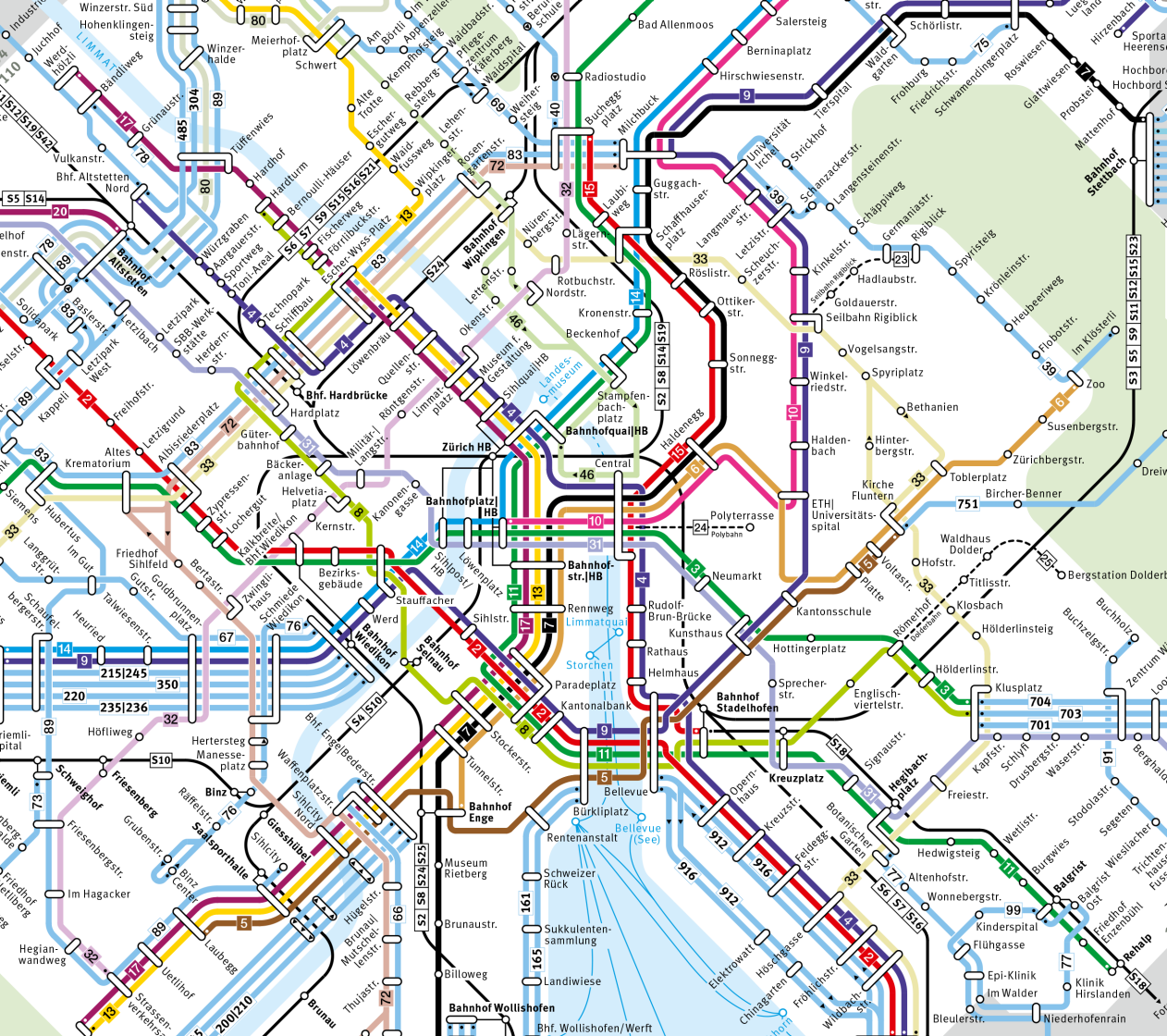 Ausschnitt aus dem Liniennetzplan der Stadt Zürich