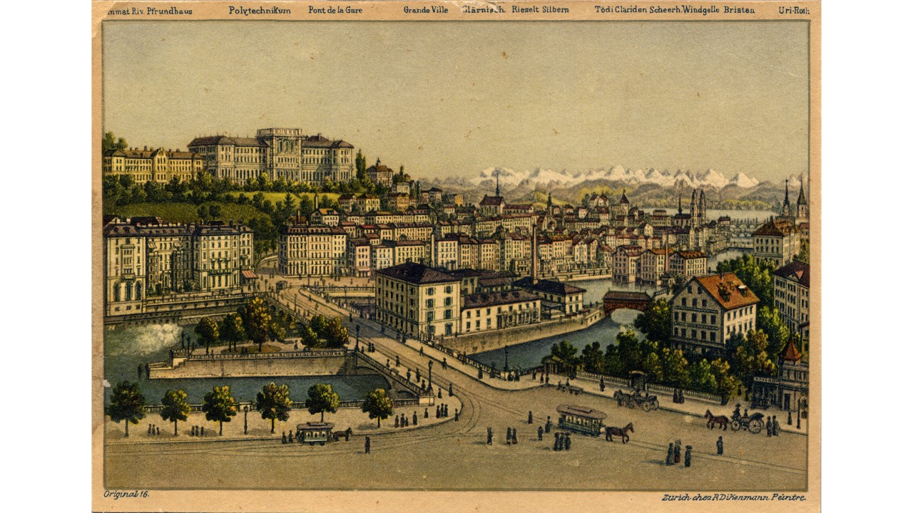 Um 1893, Postkarte mit Bahnhofquai, Limmatquai und ETH
