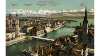 Postkarte mit Alpenblick und der Zürcher Altstadt um 1908