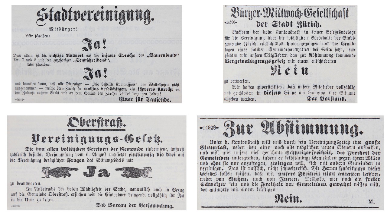 1891, Anzeigen im Tagblatt der Stadt Zürich zur kantonalen Volksabstimmung über die erste Eingemeindung, 60,3 Prozent stimmen zu.