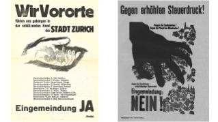 1929, Flugblätter zur ersten von zwei kantonalen Volksabstimmungen über die zweite Eingemeindung, 55,9 Prozent lehnen ab.