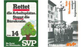 1983, Wahlplakate der Schweizerischen Volkspartei (links) und der Evangelischen Volkspartei (rechts).