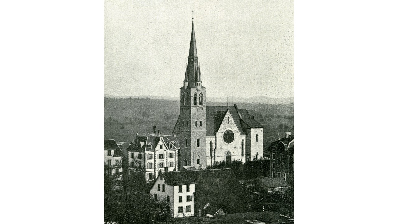 1908, katholische Kirche Herz Jesu in Oerlikon, von 1892–93 gebaut, Kirchturm 1907–08 angebaut