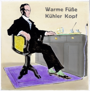 V.G.c.161.:5.6.09078. Gemalte Darstellung eines elektrischen Fusswärmers (Warme Füsse, kühler Kopf), Werbung (1920 (ca.))