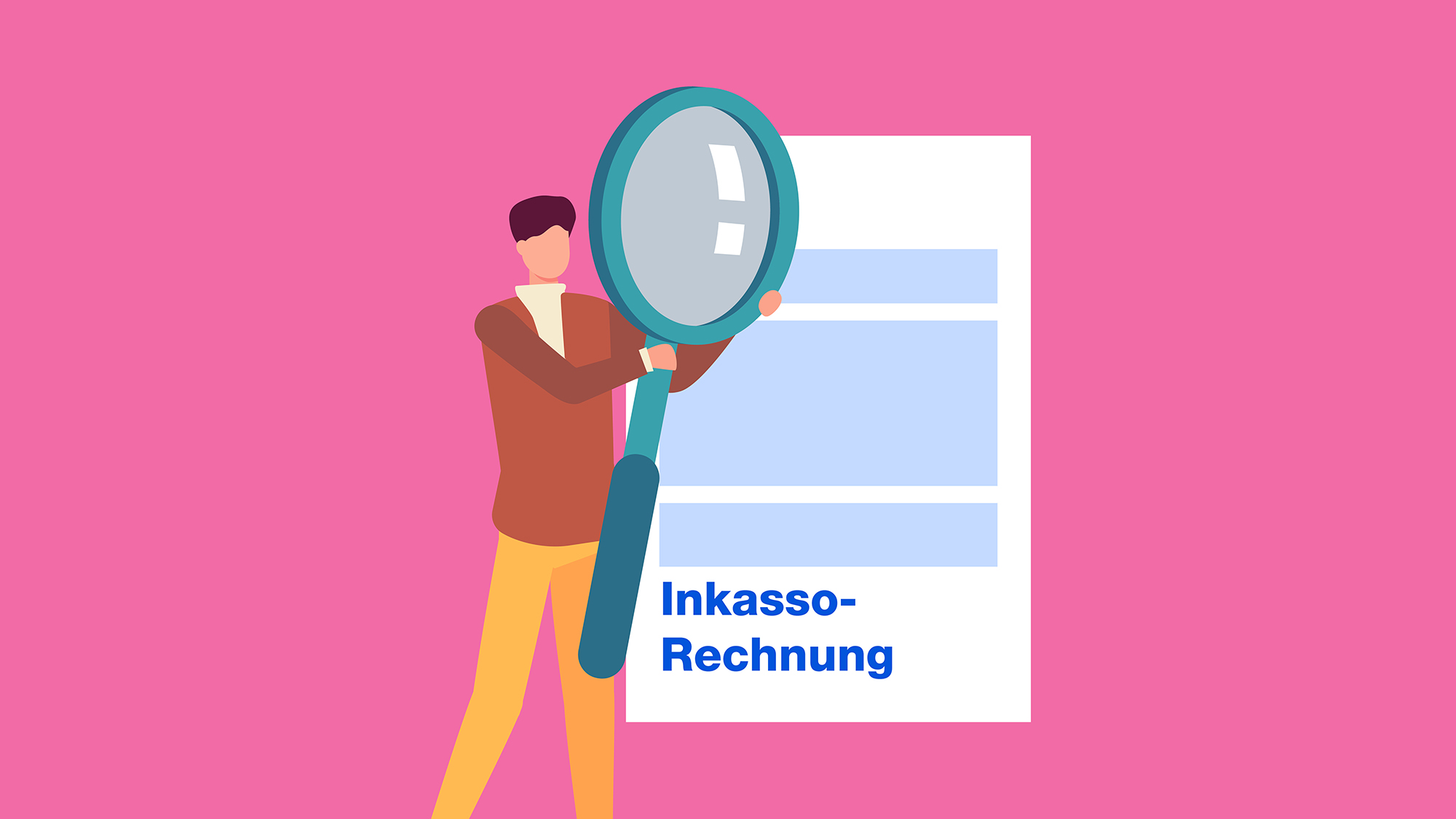 Ein Mann hält eine Lupe über eine Inkasso-Rechnung