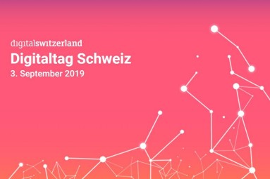 Illustration mit Text: "digitalswitzerland. Digitaltag Schweiz. 3. September 2019".